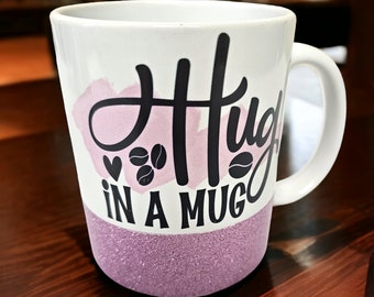 White Hug in a Mug Ceramic Cup with Pink Glitter Accent