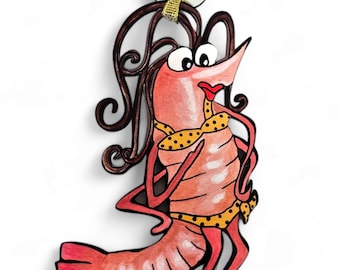 Shrimp Scampi Ornament made from Original Art, Cute Lil Scamp in a Bikini is Double Sided