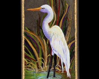 Egret Mini 3x5 Canvas Print made from Original Art, Hand Embellished with Metallic Gold