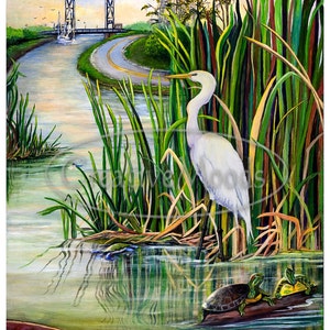 Louisiana Bayou Egret Bridge Print