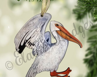 Louisiana White Pelican Ornament made from Original Art, Double Sided