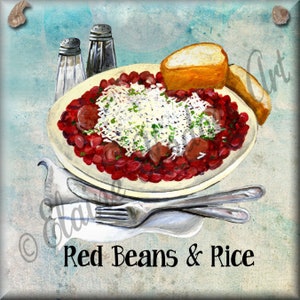 May include: An illustration of a plate of red beans and rice, topped with white rice and green herbs, with sausage and bread. The plate sits on a white napkin with silverware. The text "Red Beans & Rice" is at the bottom.