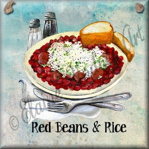 New Orleans Louisiana style cuisine food decorative tiles made from original art, red beans, muffaletta, shrimp po boy, gumbo