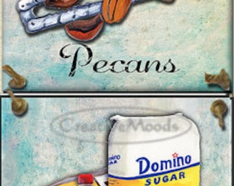 May include: A vintage-style illustration of pecan pralines, with a recipe for the confection. The image includes a bowl of pecans, a bag of sugar, a jar of vanilla extract, a stick of butter, and a finished praline.