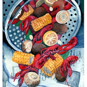 May include: A painting of a metal basket overflowing with a seafood boil. The boil includes red crawfish, yellow corn on the cob, brown potatoes, lemon slices, and white onions. The basket sits on a white surface.