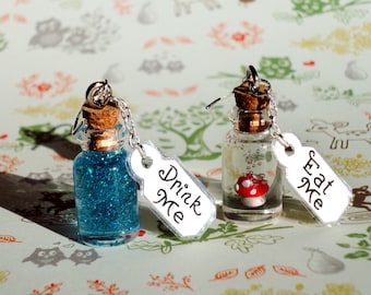 Alice in Wonderland - Drink Me and Eat Me Bottle Earrings - Sterling Silver