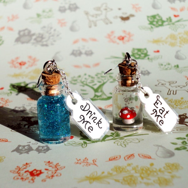 Alice in Wonderland - Drink Me and Eat Me Bottle Earrings - Sterling Silver