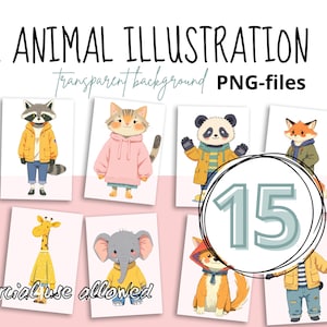 Cute Animal Clipart Bundle - 15 Cute Kawaii PNG Clip Art Set, Kawaii illustriation, Cute Animal Character, Crayon style.