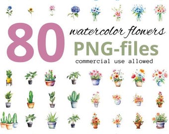 Puede incluir: Imagen que presenta 80 archivos PNG de flores y plantas en acuarela. La imagen incluye una variedad de flores coloridas y plantas en macetas, con el texto "watercolor flowers PNG-files commercial use allowed" en el centro. El número "80" se muestra prominentemente en rosa.