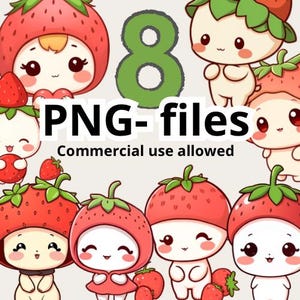 Paquete de imágenes prediseñadas de fresas lindas: 8 imágenes prediseñadas PNG kawaii lindas, ilustración kawaii, personaje de fresa linda, pegatina, diario digital