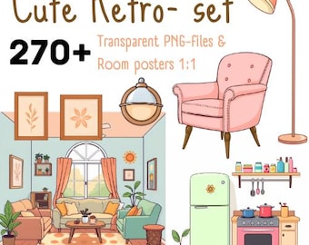 270+ MEGA PAQUETE PNG, Imágenes prediseñadas de decoración de muebles retro lindos - Imágenes prediseñadas pastel lindo, ilustración, diario digital, caprichoso, kawaii