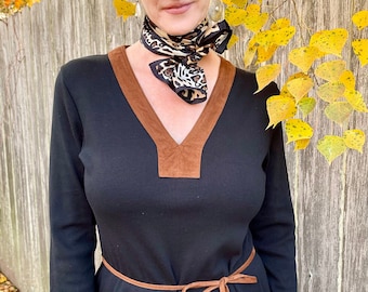 Vintage Ralph Lauren Black Cotton Dress: Faux Suede Trim, Size Large