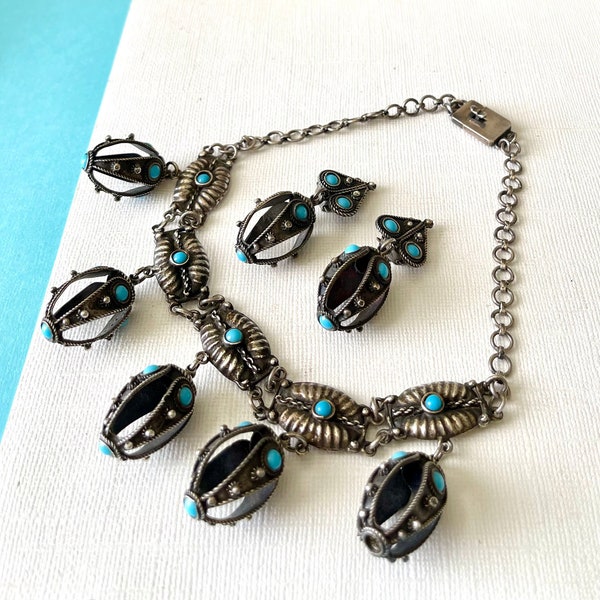 Vintage Italian Art Deco Etruscan Sterling Silver and Turquoise Fob Choker and Earrings