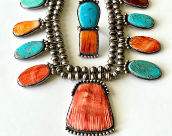 RESERVED -Vintage Navajo Sterling Silver Spiny Oyster & Turquoise Squash Blossom Necklace by Betty Joe