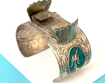 Vintage 1970's  Men's Navajo Turquoise Inlay Sterling Silver Peyote Watch Cuff Signed