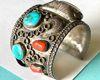 Vintage Navajo Red Coral & Turquoise Watch Cuff by Robert Dominico