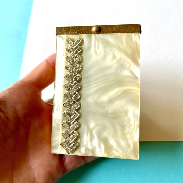 Mid-Century 1950's Smoke Moonglow Lucite Cigarette Case with Chevron Rhinestones