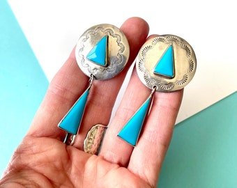 Large Taxco Sterling Silver & Turquoise Concho Dangle Earrings