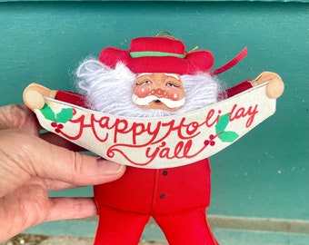 Large Vintage Annalee Christmas Happy Holiday Y’all Cowboy Santa Ornament