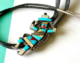 Jumbo Navajo Multi-Gemstone and Sterling Silver Rainbow Yei Bolo Tie on Black Leather
