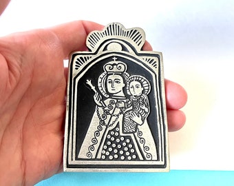 Small Vintage Pewter Mexican Virgin Mary and Christ Child Standing Retablo/Religious Devotional/Mexican Folk Art