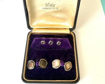 Antique Lavico Art Deco Gold Tuxedo Stud Set Mother of Pearl and Gold Rims Matching Cufflinks and Vest Studs in Original Box