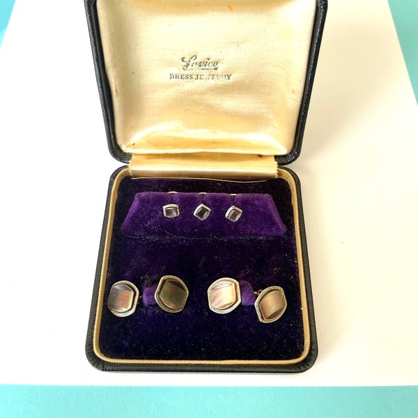 Antique Lavico Art Deco Gold Tuxedo Stud Set Mother of Pearl and Gold Rims Matching Cufflinks and Vest Studs in Original Box