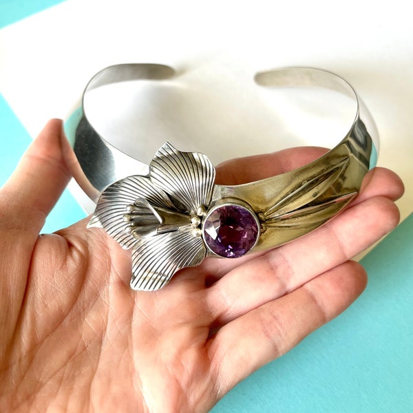 Wide Vintage Sterling Silver and Amethyst Unsigned Carol Felley Calla Lily Choker