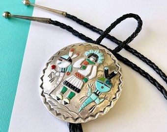 Huge Navajo Lester James and Floyd Becenti Jr Multi-Gemstone Inlay and Sterling Silver Rainbow Yei Bolo Tie