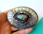 Large Navajo Stamped Sterling Silver and Turquoise Shadowbox Buckle