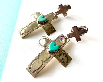 Vintage Joan Slifka Sterling Silver & Turquoise Cross Clip Earrings 3.25 Inches