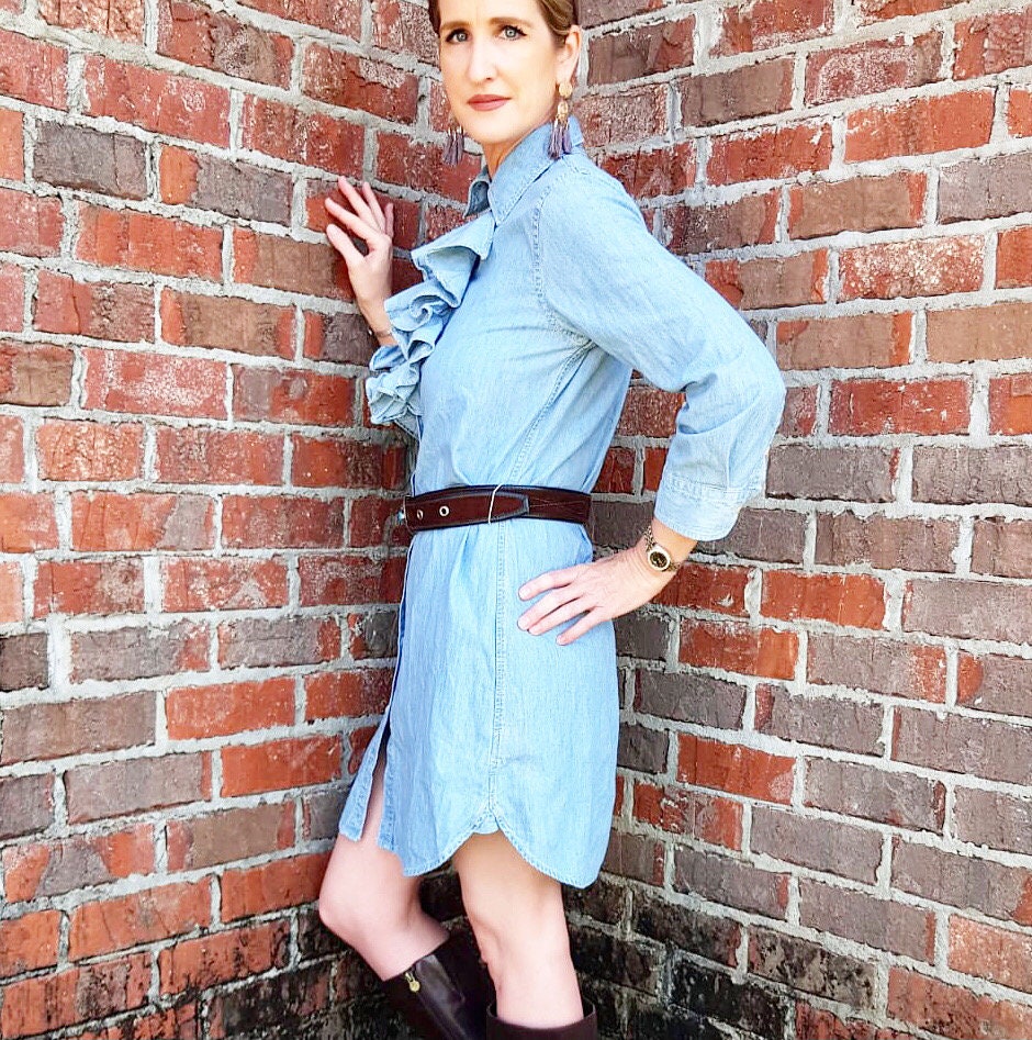 Vintage Lauren by Ralph Lauren Ruffled Chambry Shirt Dress