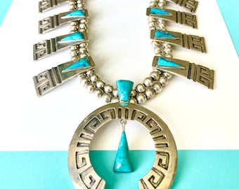 Vintage Navajo Turquoise and Sterling Silver Overlay Squash Blossom Necklace