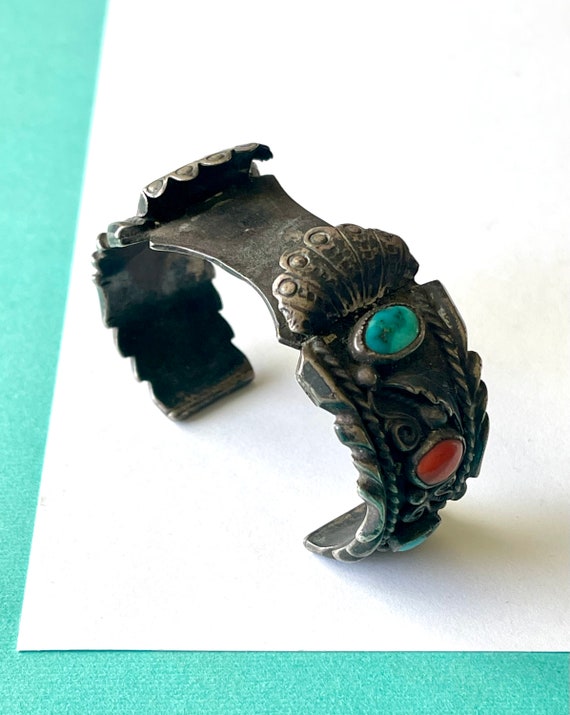 Vintage 1960's Navajo Turquoise and Red Coral Ste… - image 3