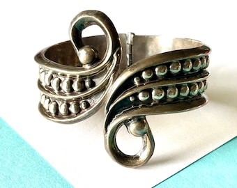 Vintage 1940's Mexican Taxco Sterling Silver Beaded Clamper Bracelet