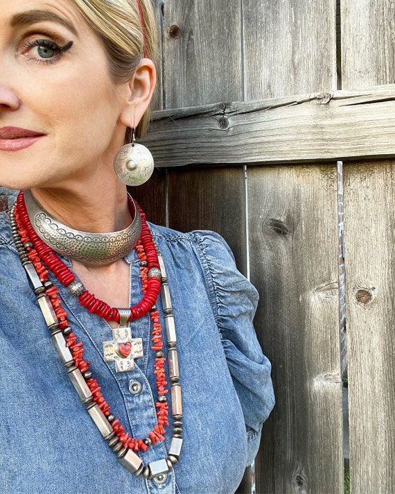 Vintage 1960's Navajo Red Coral and Sterling Silv… - image 2