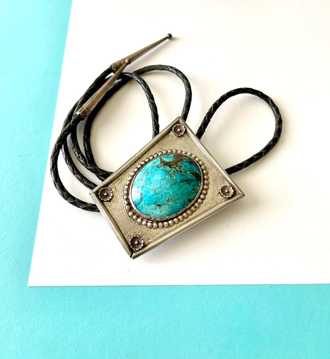 Large 1970's Vintage Navajo Sterling Silver and Turquoise Black Leather ...
