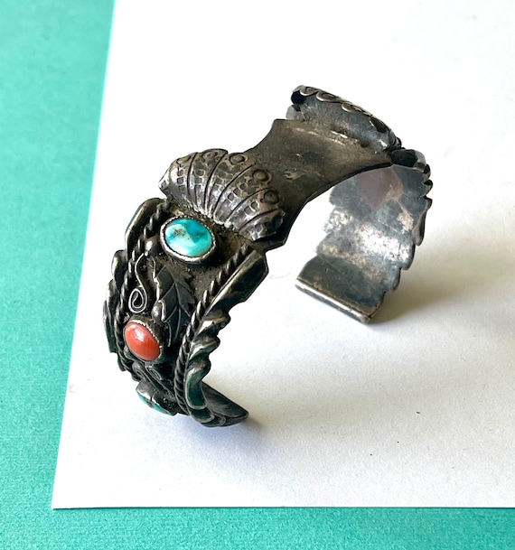Vintage 1960's Navajo Turquoise and Red Coral Ste… - image 1
