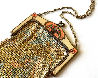 Antique Art Deco Whiting and Davis Enameled Floral Frame Mesh Bag
