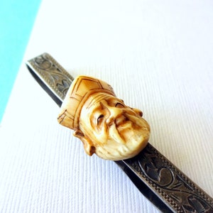 Rare Vintage Sterling Silver Carved Bone Japanese Noble Man Face Tie Bar, Mens Accessories, Gift for Him, Chinese Carved Tie Bar