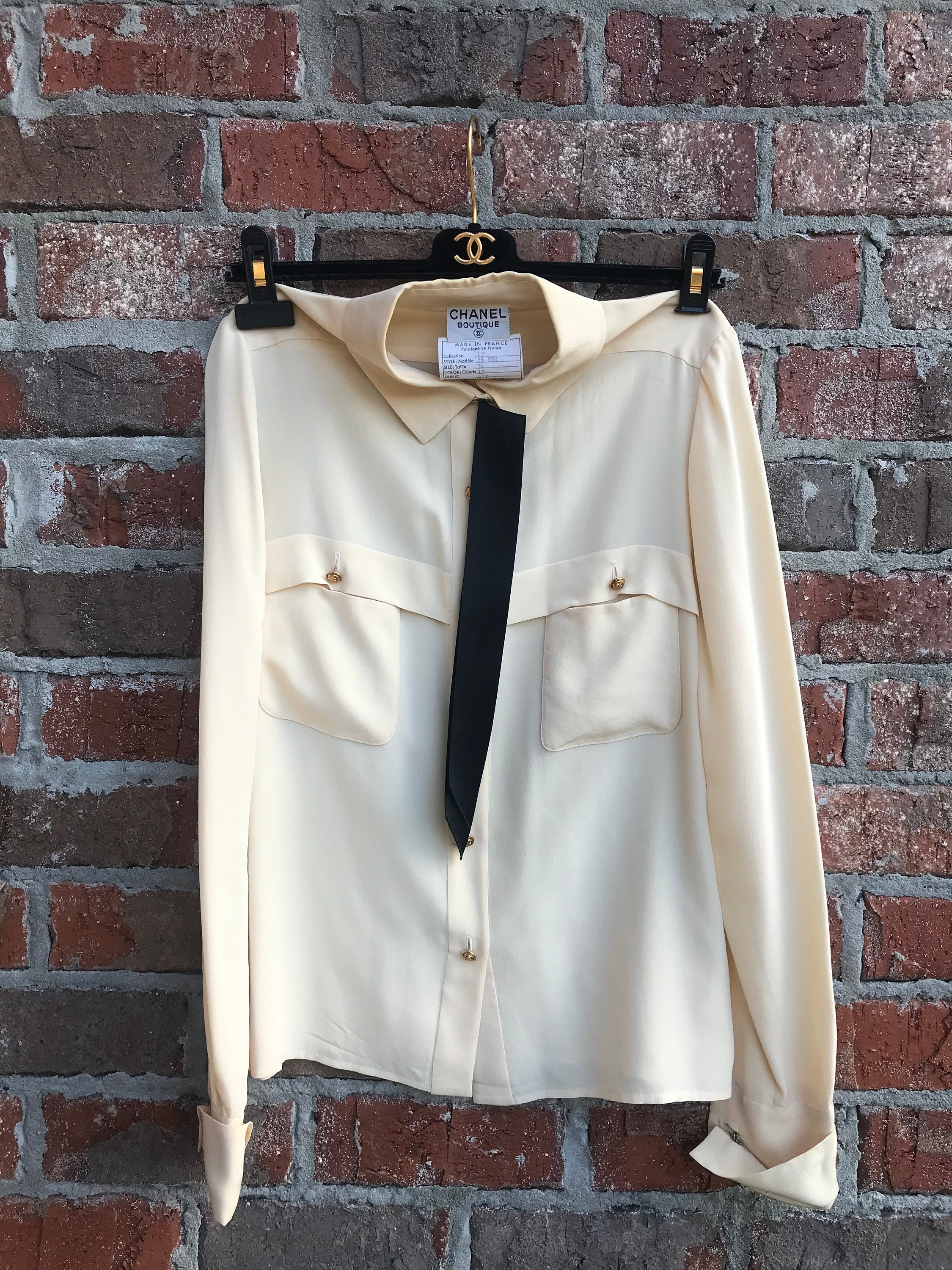 Vintage CHANEL Silk Tuxedo Blouse With Bow and 4-leaf Clover 