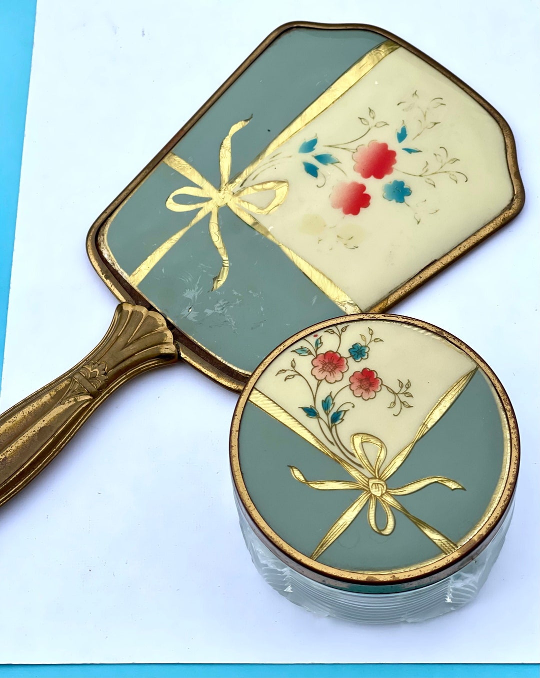 Vintage Glass Powder Puff Holder With Decorative Metal Lid and Matching