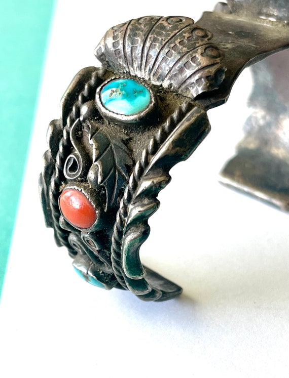 Vintage 1960's Navajo Turquoise and Red Coral Ste… - image 2