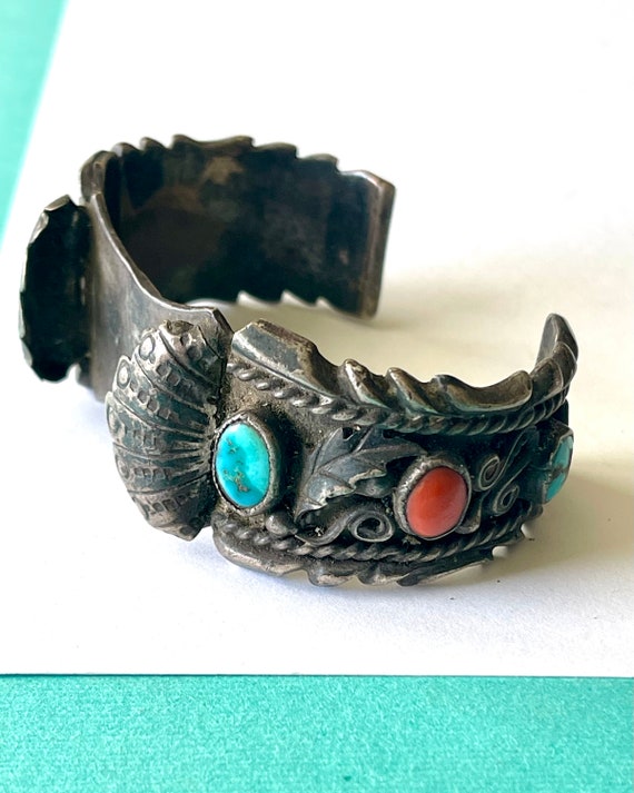 Vintage 1960's Navajo Turquoise and Red Coral Ste… - image 6