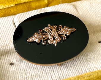 Antique 14kt Gold & Onyx Victorian Mourning Pendant/Brooch with Seed Pearls