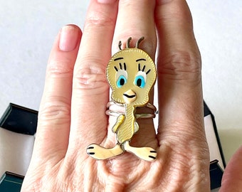 Vintage ZUNITOONS Sterling Silver Inlay Full Body Tweety Bird Ring Size 7.5