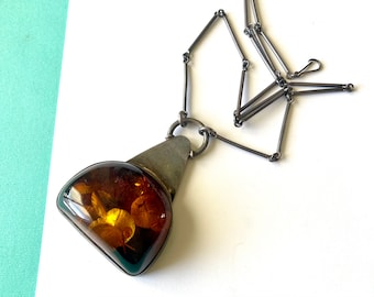 Vintage Mid-Century Baltic Amber & Sterling Silver Cylindrical Chain Necklace