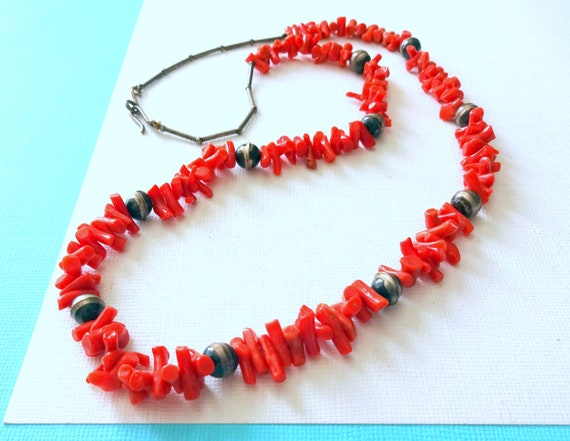 Vintage 1960's Navajo Red Coral and Sterling Silv… - image 1