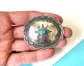 Vintage Navajo Stamped Sterling Silver and Turquoise Concho Brooch