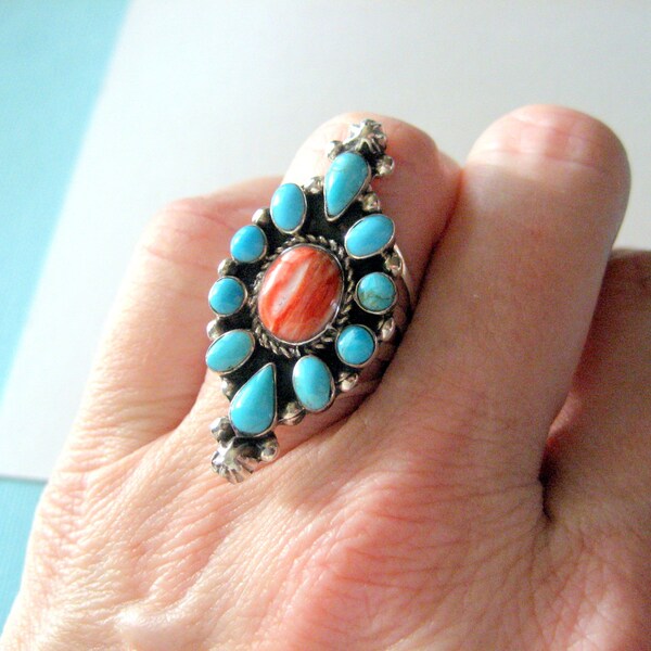 Navajo Sleeping Beauty Turquoise and Spiny Oyster Cluster Ring Size 6